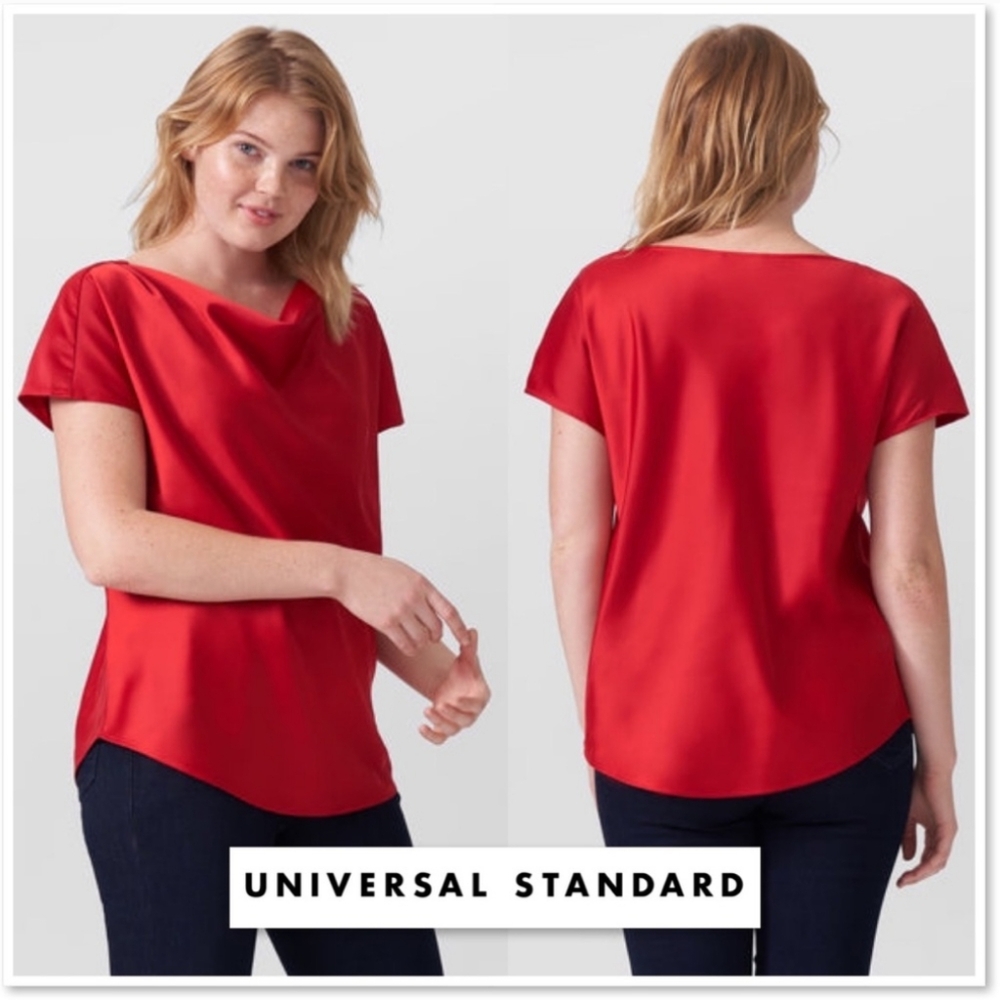 Universal Standard Viva Boatneck Top Red XS 10 12 Satin Blouse Cowl Neck Shirt